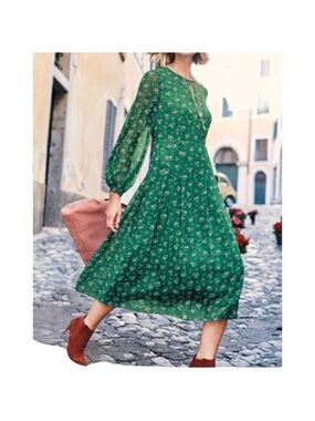Boden Green Floral Midi Dress with Sheer Long Sleeves, Size 4 US
